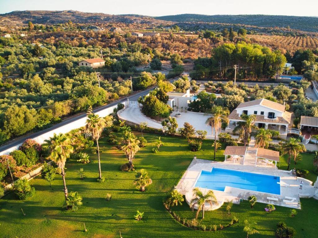 an aerial view of a house with a swimming pool and palm trees at Villa Nivara in Floridia