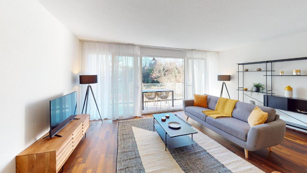 a living room with a couch and a tv at Relax and Recharge By The Lake! Modern Morges Apartments, AP26 in Morges