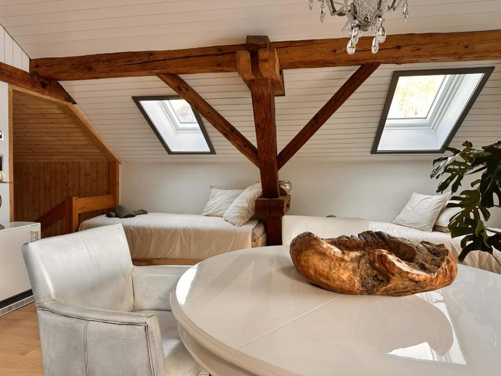a living room with a table with a shell on it at Revier belle étage in Glarus