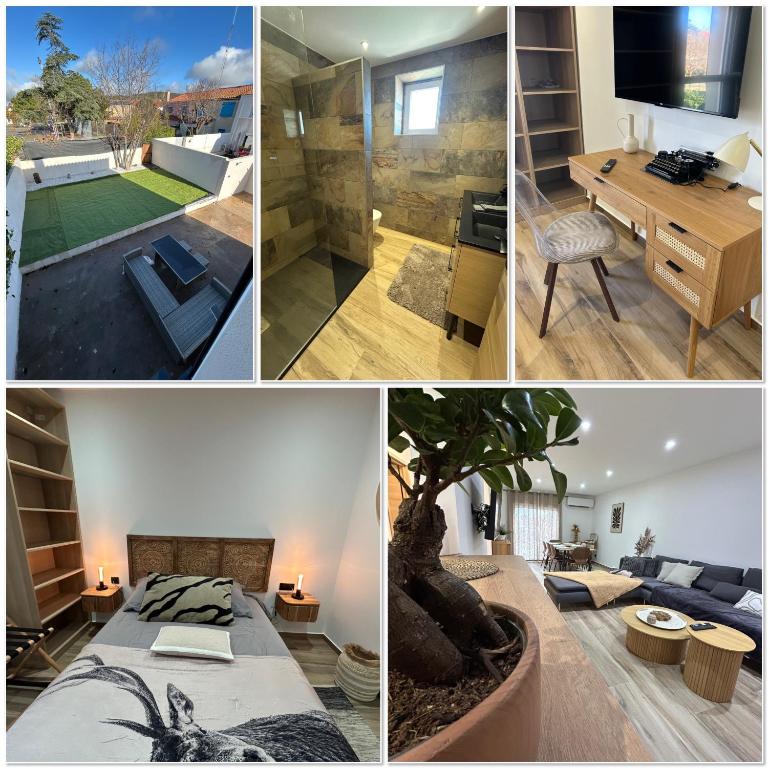 a collage of pictures of a bedroom and a living room at Villa Casa Luma in Balaruc-les-Bains