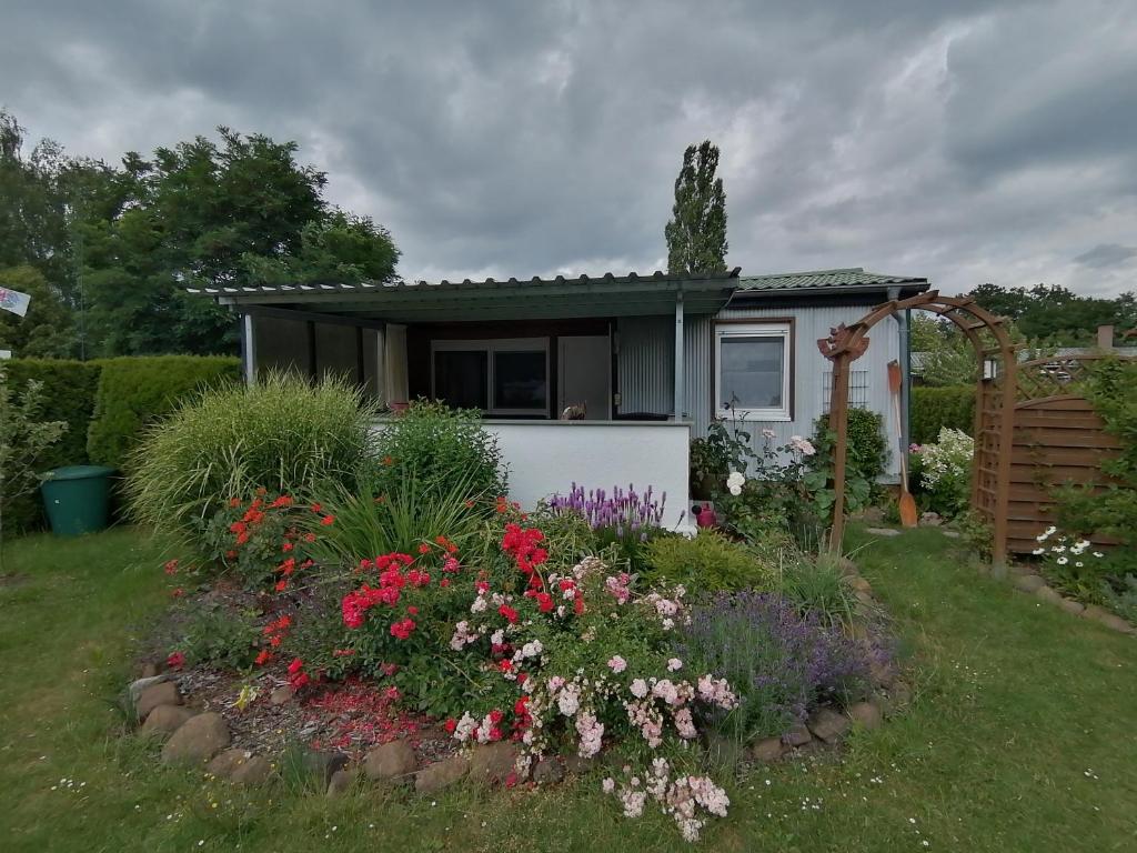 a small house with flowers in the yard at Bungalow am Ferchesarer See in Ferchesar