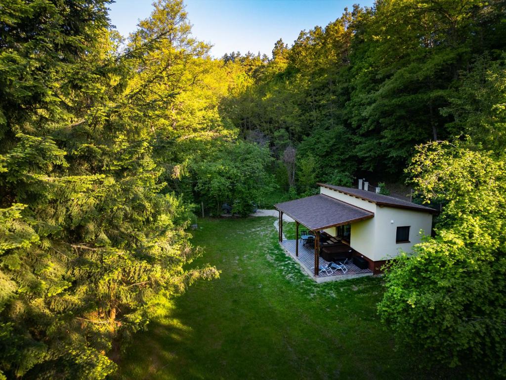 an aerial view of a cabin in a forest at Vízfő Kabin in Sály