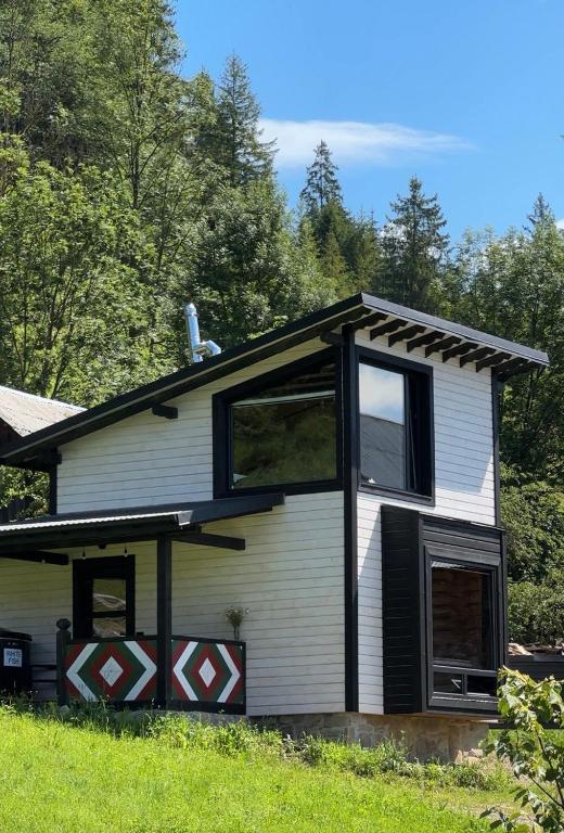 a small white house with a black roof at Fazenda Fishbone, будиночок White fish in Verkhovyna