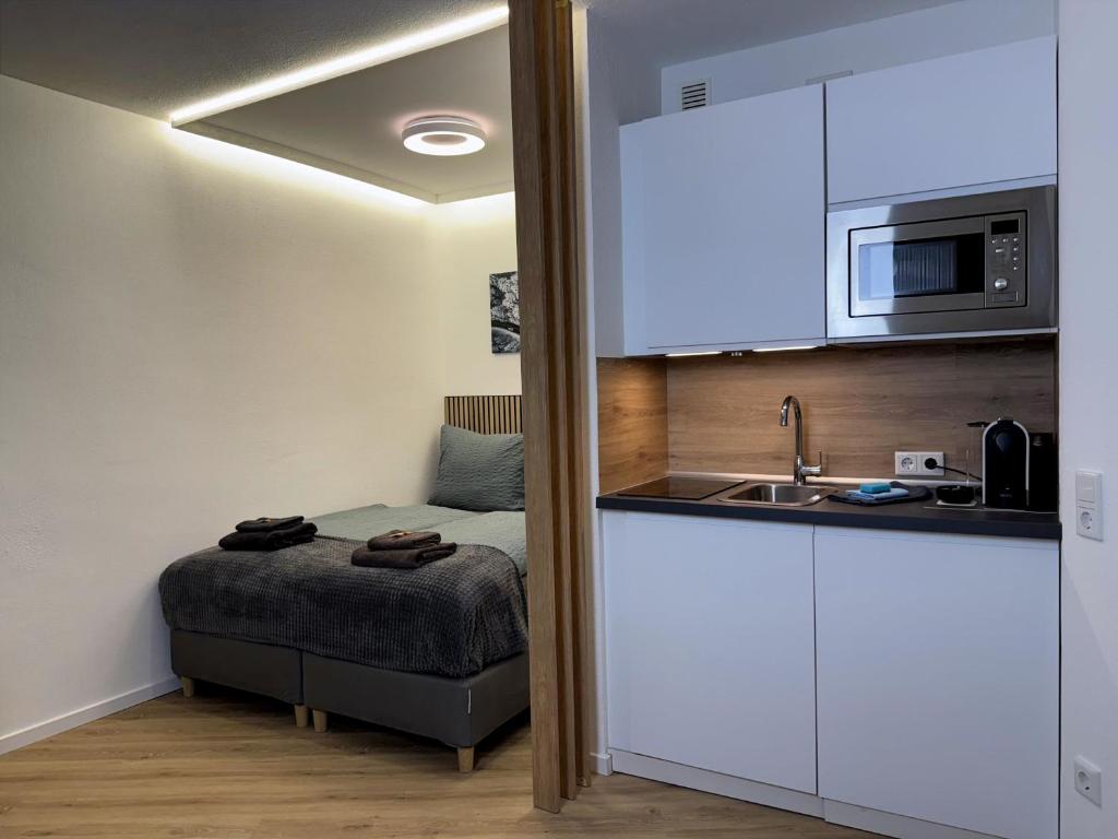 a small room with a bed and a kitchen with a sink at BEST VIEW Winterberg - Kleines Studio Apartment in Winterberg