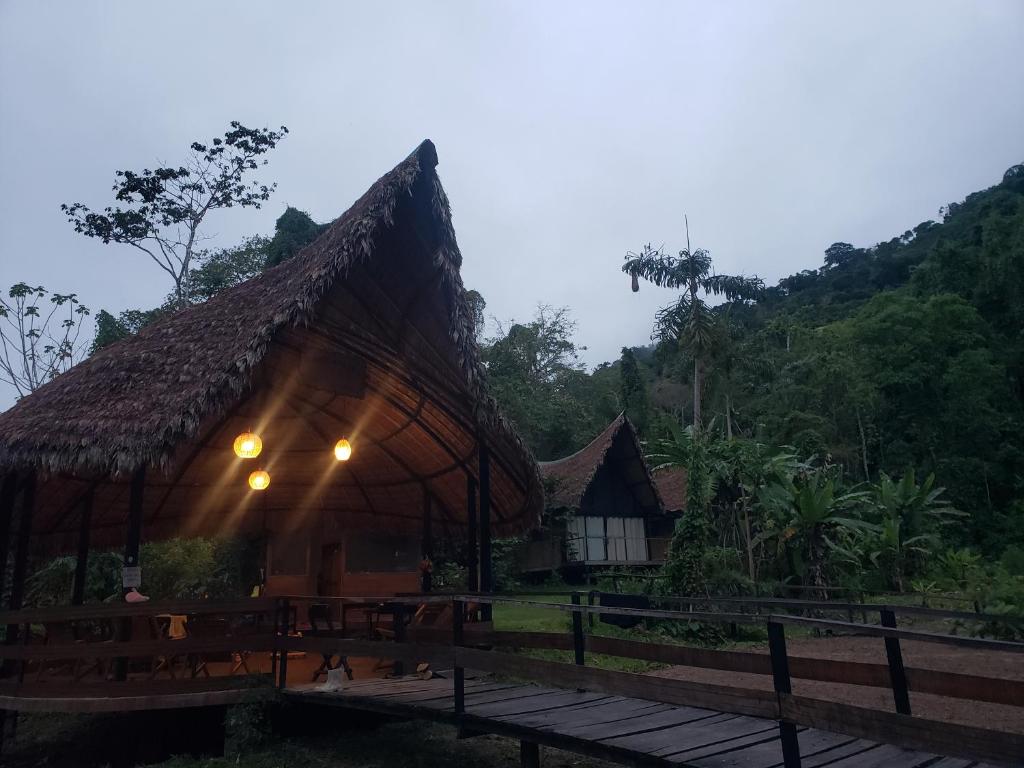 a hut with a thatched roof and a table at Top Manu Avatar Lodge in Pillcopata