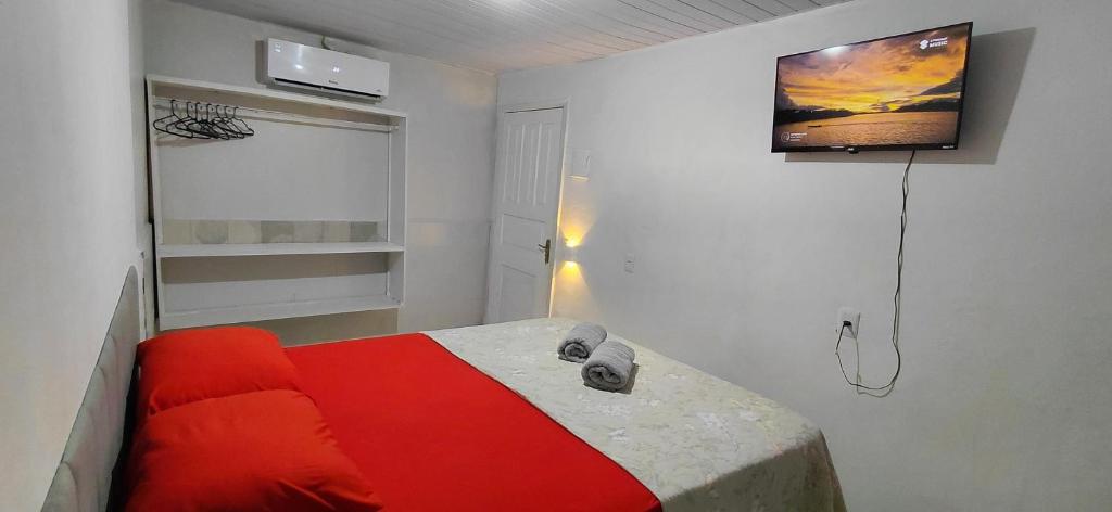 a bedroom with a bed and a tv on the wall at Chalé canto do bugiu in Rio do Sul