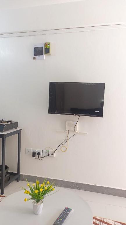 a flat screen tv hanging on a wall at Franliz Apartments in Nairobi
