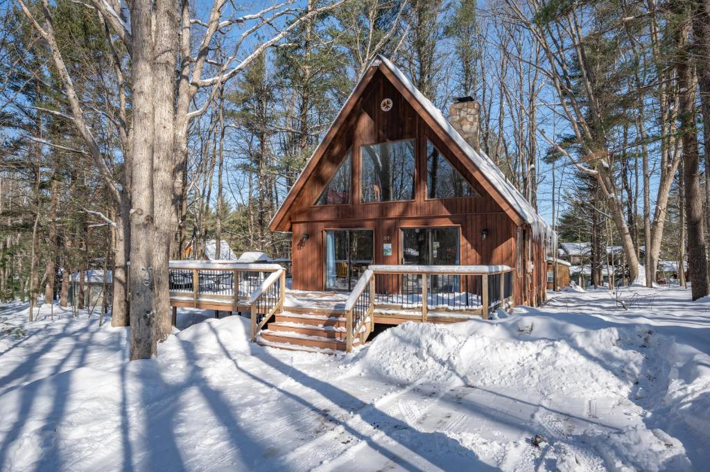 a log cabin in the woods in the snow at Grossis Geschenk by Railey Vacations in Swanton