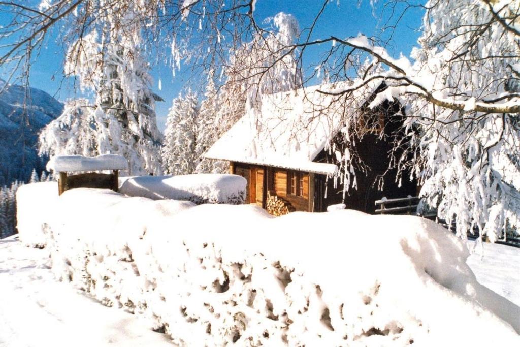 a cabin covered in snow next to a fence at Ferienhütte Windlegern in Neukirchen