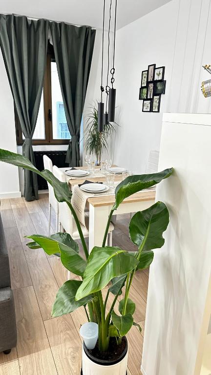 a dining room with a table and a plant at R&R Suite Heritage in León