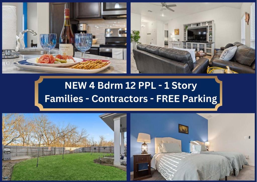 a collage of three pictures of a kitchen and a living room at NEW Temple House - 12PPL - Families, Groups, Insurance - Quiet Street, 5 Mi To Meta, BS&W, UMHB Pets OK, FAST Wi-Fi FREE Parking - Professionally Managed By Stay Albatross Furnished Rentals in Temple