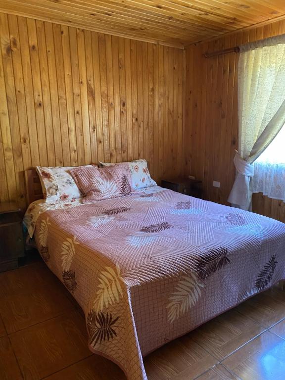 ein Schlafzimmer mit einem Bett in einer Holzwand in der Unterkunft Cabañas Anny 1 in Linares