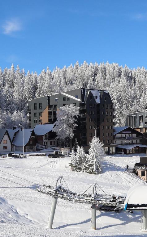 a resort in the snow with snow covered trees at Apart-hotel Pahulja in Jahorina