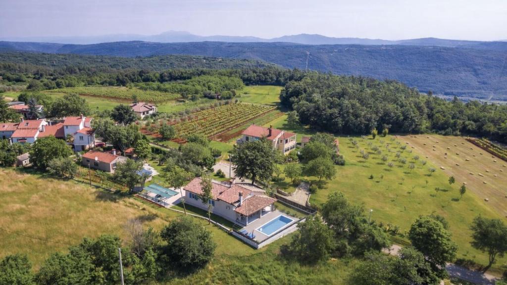 an aerial view of a house with a vineyard at Villa Melnica by Villas Guide in Barban