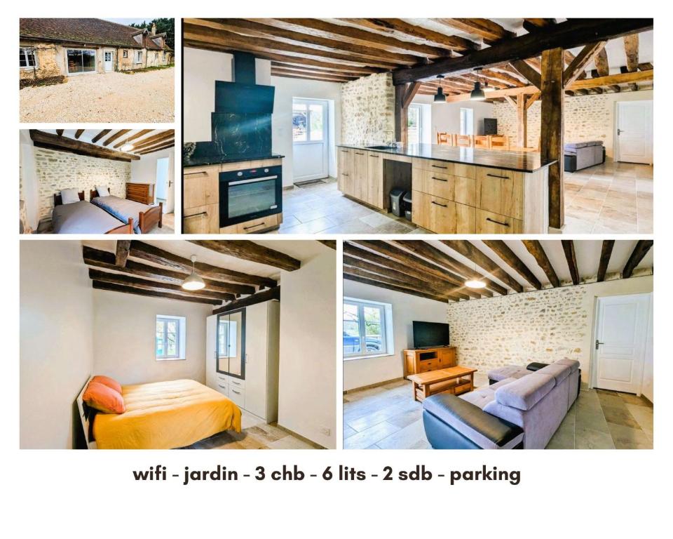 a collage of three pictures of a bedroom and a living room at Janedala gite 8 pers Levroux in Levroux