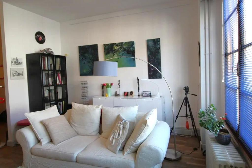 a living room with a white couch with pillows at Appartement contemporain Les Tulipes, 2 personnes à 300 m du lac de Gérardmer in Gérardmer