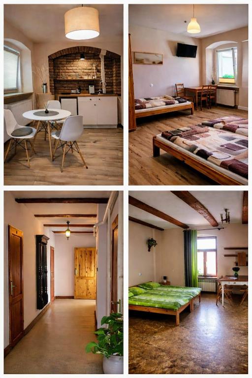 four pictures of a room with a bed and a table at Apartamenty i pokoje gościnne "Wacuś" in Srebrna Góra