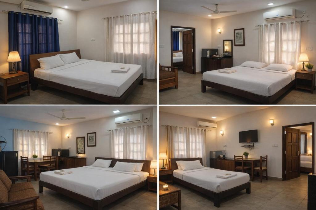 drei Bilder eines Schlafzimmers mit zwei Betten und eines Wohnzimmers in der Unterkunft Hotel HCG in Santa Cruz