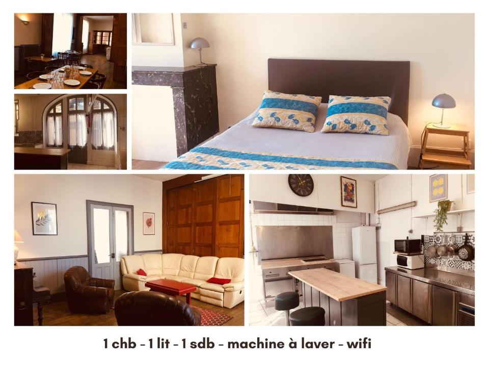 two pictures of a bedroom and a living room at Le Lion d'Or chb double wifi 4 in Écueillé
