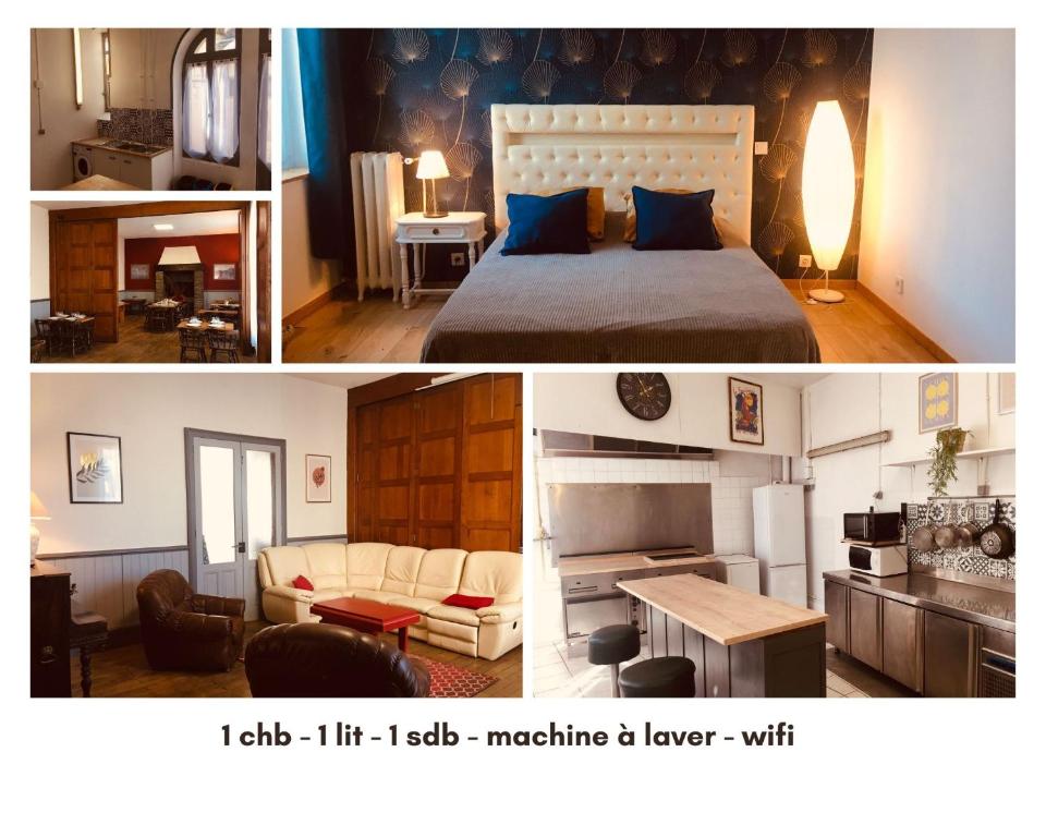two pictures of a bedroom with a bed and a living room at Le Lion d Or chb double wifi 9 in Écueillé