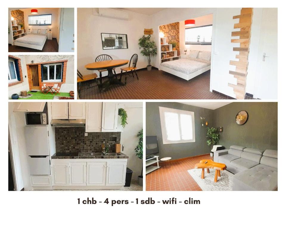 a collage of three pictures of a living room and a kitchen at Le gite des Marchis 4 pers cour in Buzançais