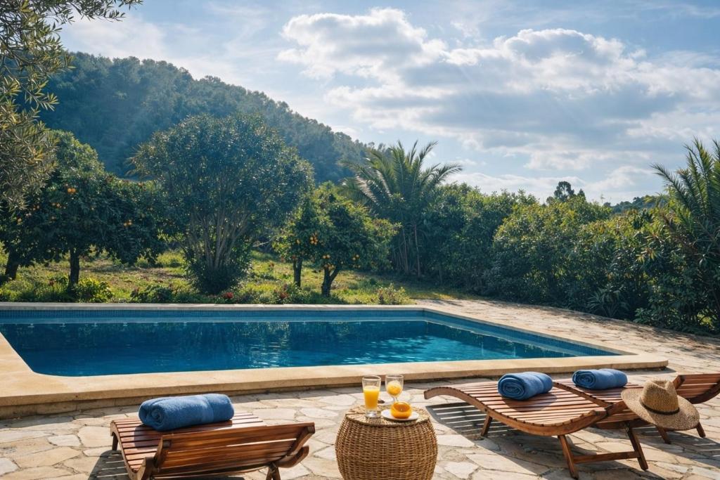 a swimming pool with two chairs and a table and a tablektop at Villa Es Puig, piscina y vistas a la montaña in Santa Margalida