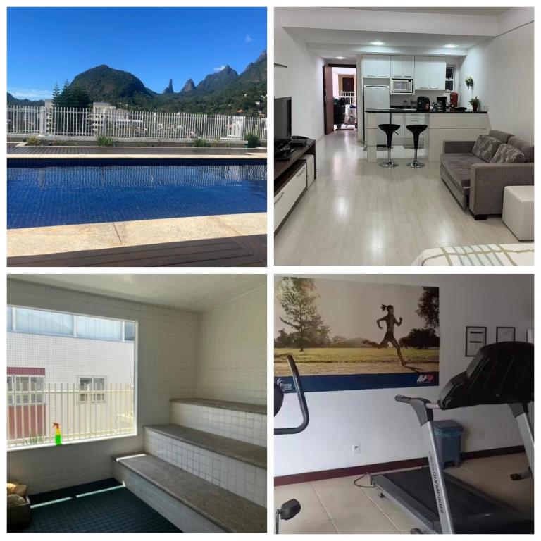 a collage of pictures of a house with a swimming pool at Condomínio Serra loft in Teresópolis