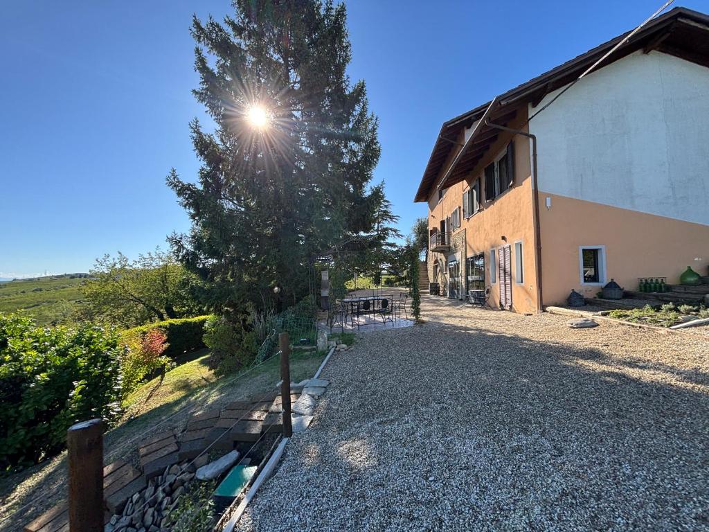 a house with a tree next to a building at Relais Portaluna delle Langhe, Private Estate with Pool, 7 Bedrooms, Sleeps 18, Vineyard Views in Mango