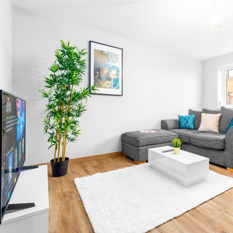 a living room with a couch and a tv at Modern 2 Bed Apartment - 2 Parking Spaces - Sleeps 3 - Netflix 1BS in Amblecote