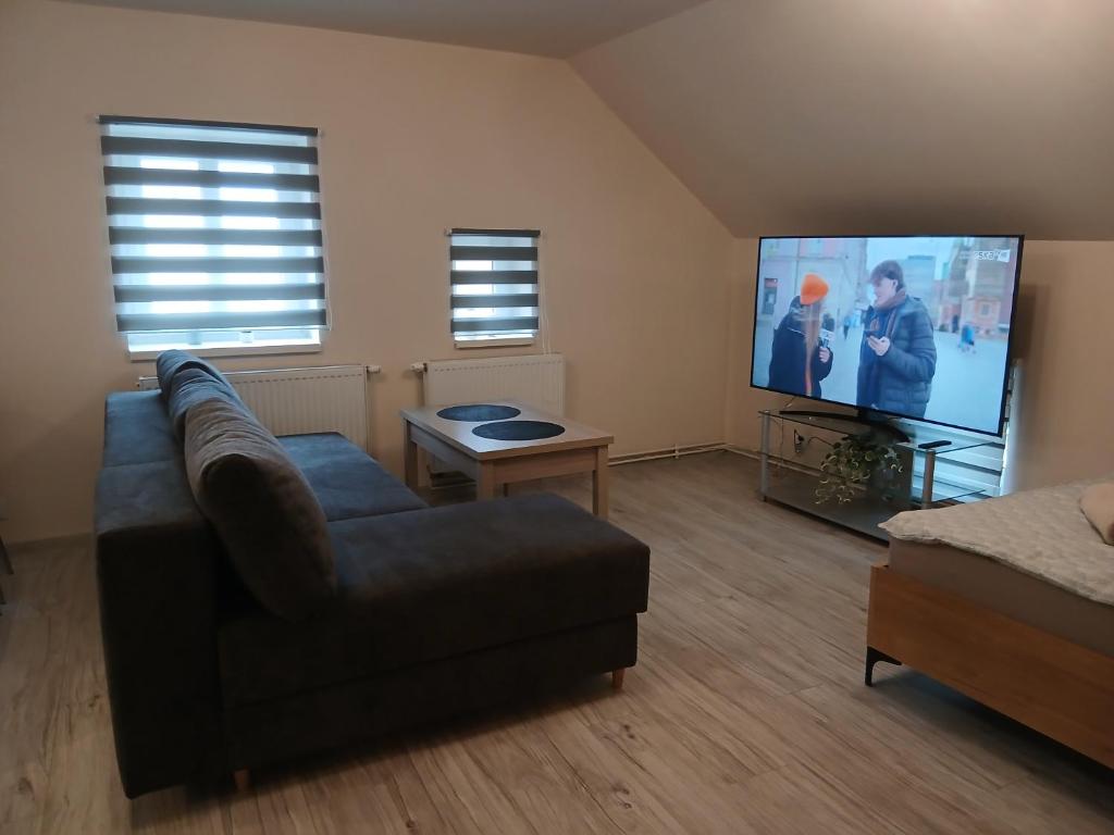 a living room with a couch and a flat screen tv at Baza wypadowa 4 in Lubań