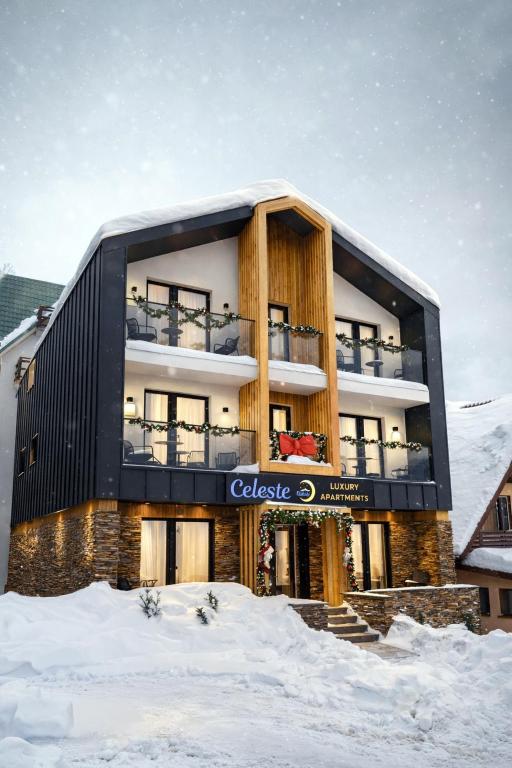 a large building with snow in front of it at Celeste Luxury Apartments in Ranca