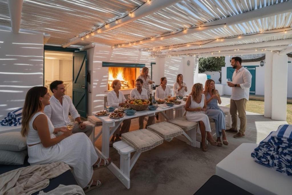 a group of people sitting around a table at Cape Creek Cottage, Luxury Coastal Getaway in Struisbaai