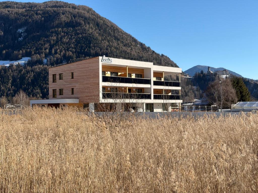 a building with a mountain in the background at Residence Louise in Vipiteno