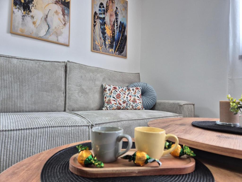 a living room with a couch and a table with two cups at Luna chalet Zlatibor in Zlatibor