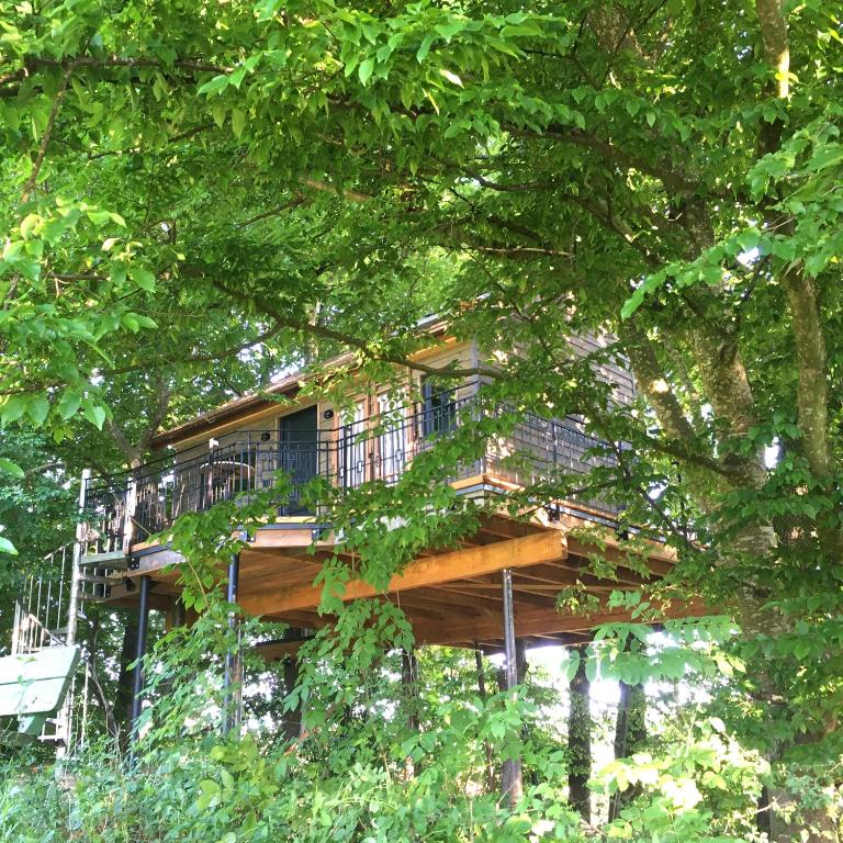 a tree house with a deck in the trees at Baumhaus auf dem Kellerberg in Fischach