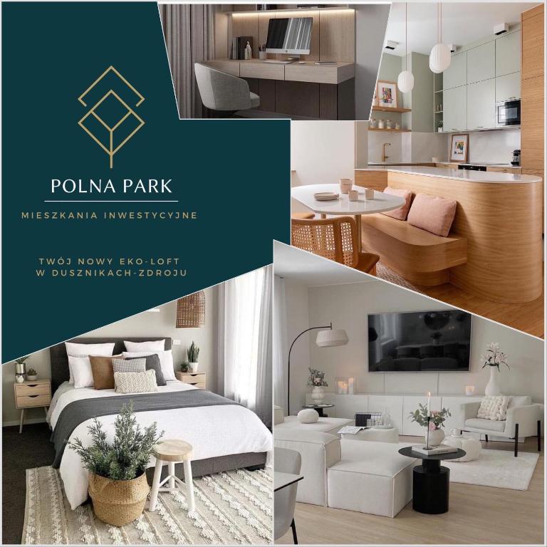 a collage of photos of a bedroom and a living room at Apartamenty Polna Park in Duszniki Zdrój