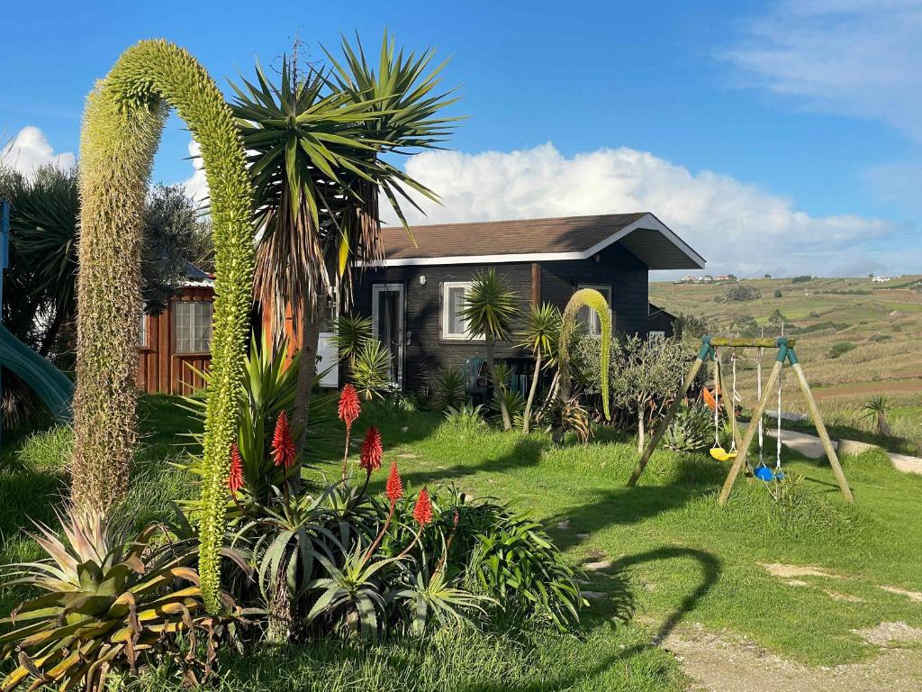 a house with a palm tree and a swing at Da Silva Surfcamp - Tiny House Jorgina in Lourinhã