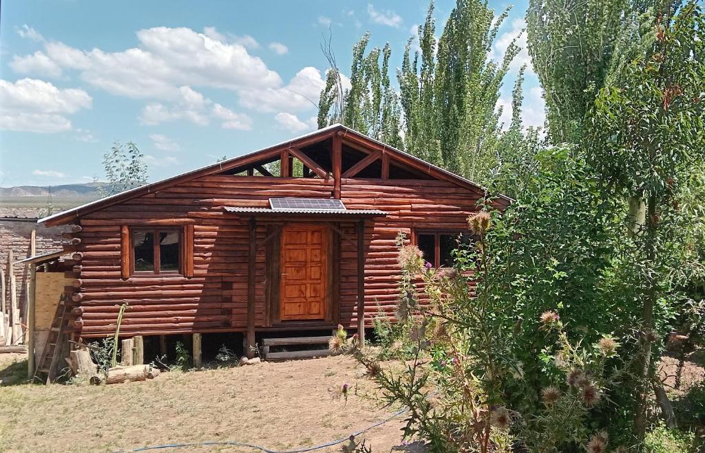 a log cabin with a wooden door in a field at La Posada de Daro in Cacheuta