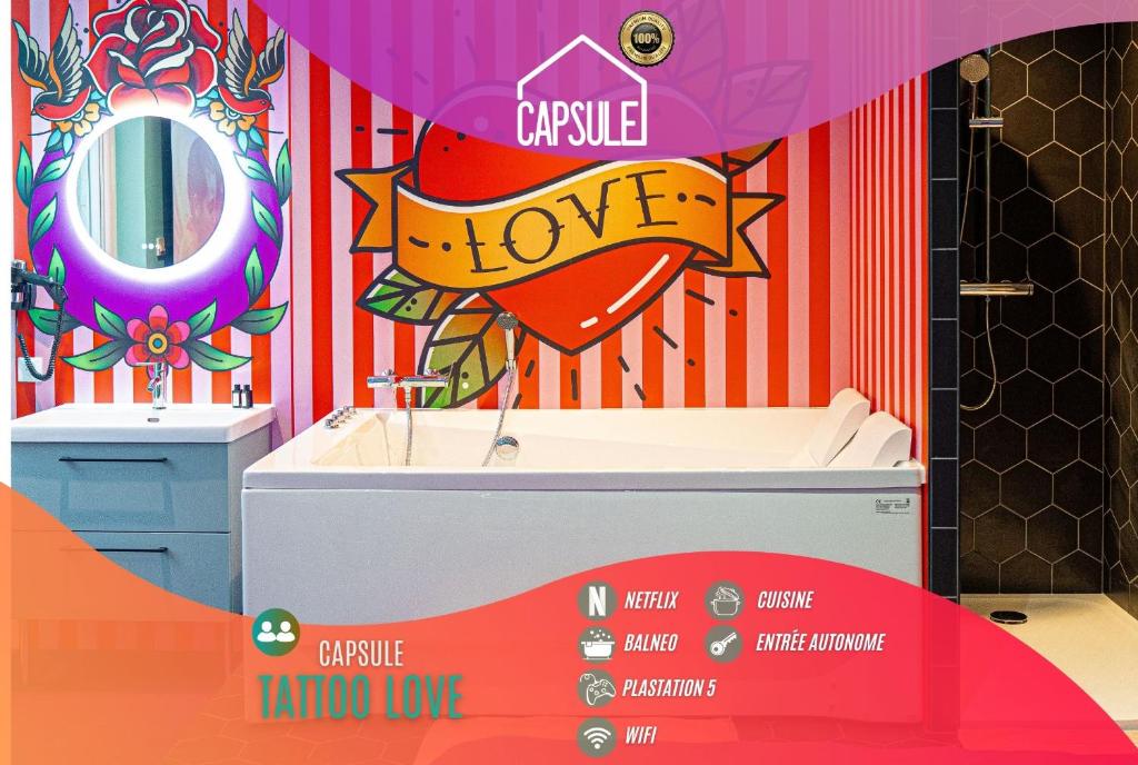a store with a sign that readsgraduatelove in a bathroom at Capsule Tattoo Love - Balnéo - Playstation 5 - écran géant in Douai