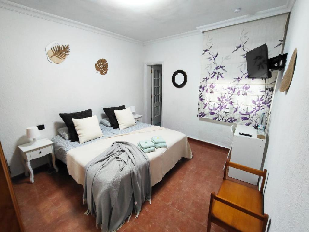 a bedroom with a bed and a tv in it at Rincón de Joel Habitación con baño privado in La Orotava