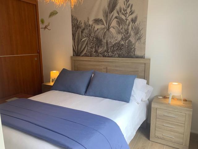 a bedroom with a bed with blue pillows and two lights at OCEAN PLAGE Appartement-terrasse-garage-wifi-draps et serviettes in Hendaye