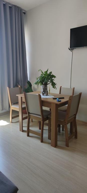 a wooden table and chairs with a potted plant on it at Bem te vi in Niterói