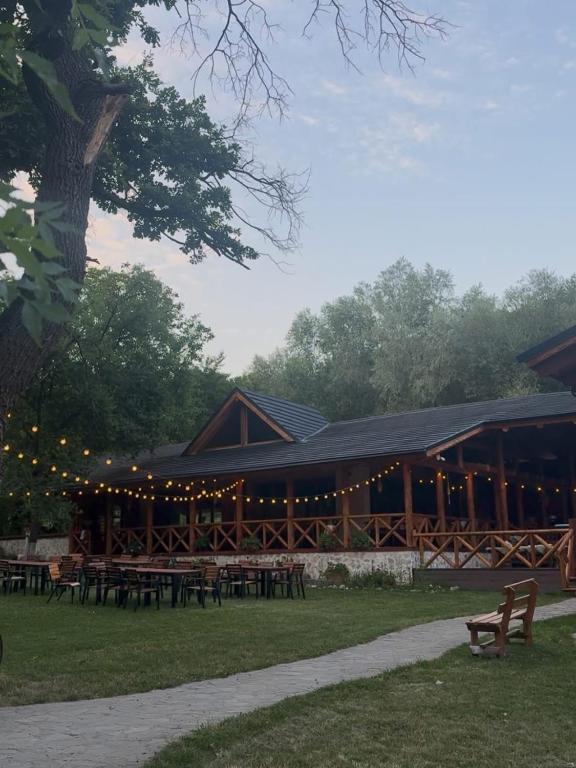 a building with picnic tables and lights in a park at Cabana Izvoranu in Izvoranu