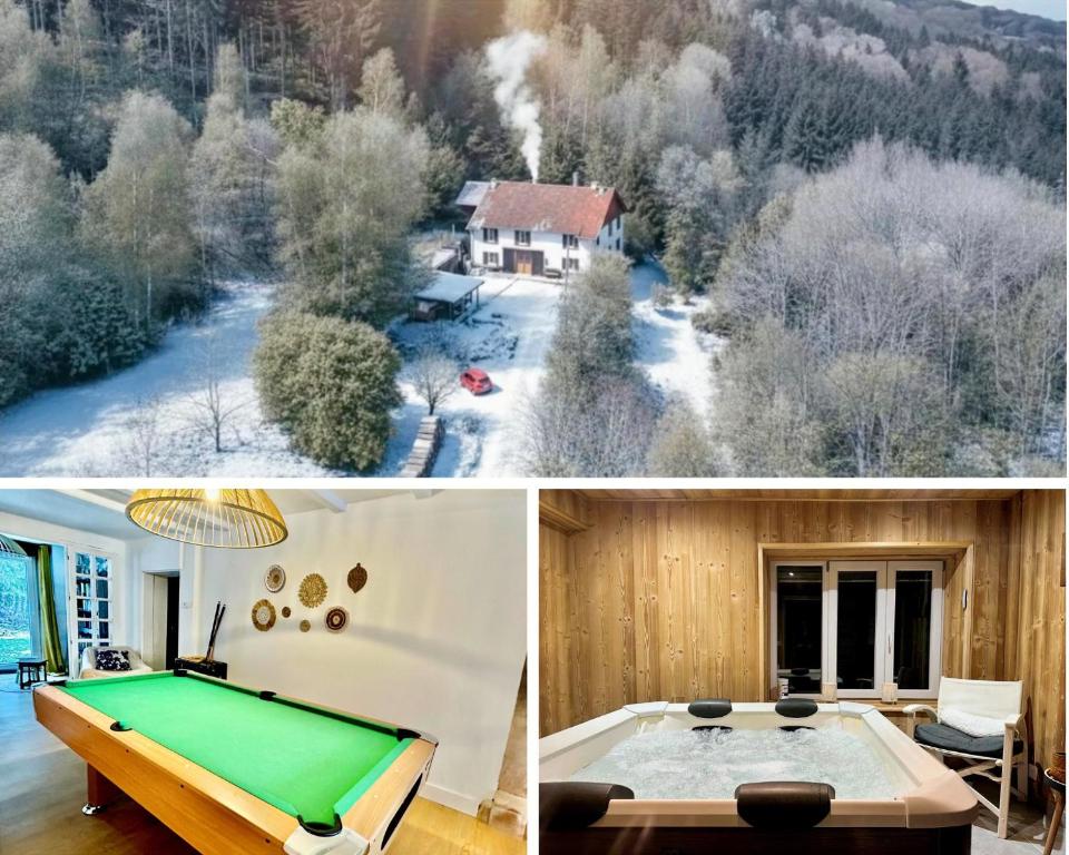 a house with a pool table in the snow at Le Gîte de Hildegarde in Granges-Aumontzey
