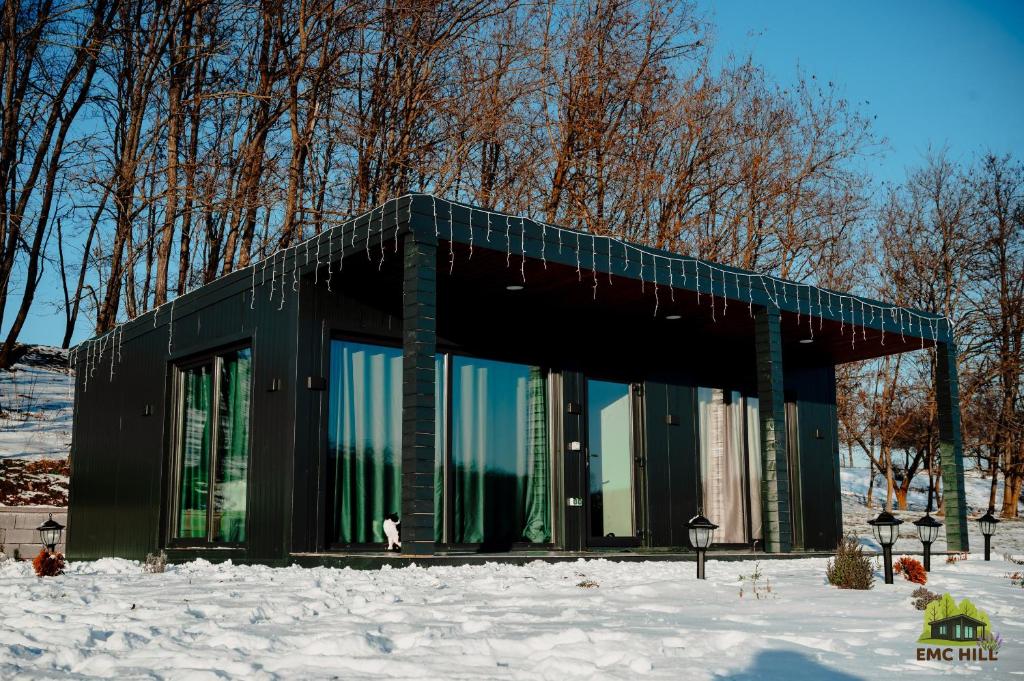 ein schwarzes Gebäude im Schnee mit Bäumen in der Unterkunft EMC Hill in Dealu