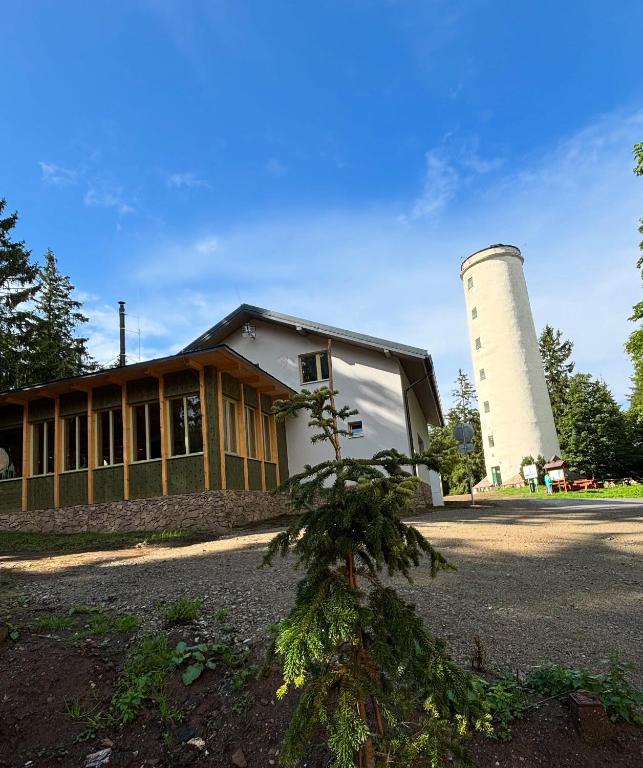 a building with a tree in front of it at Horská chata Libín in Prachatice