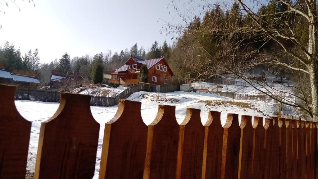 a fence covered in snow with a house in the background at Cabana Iraclie in Voronet