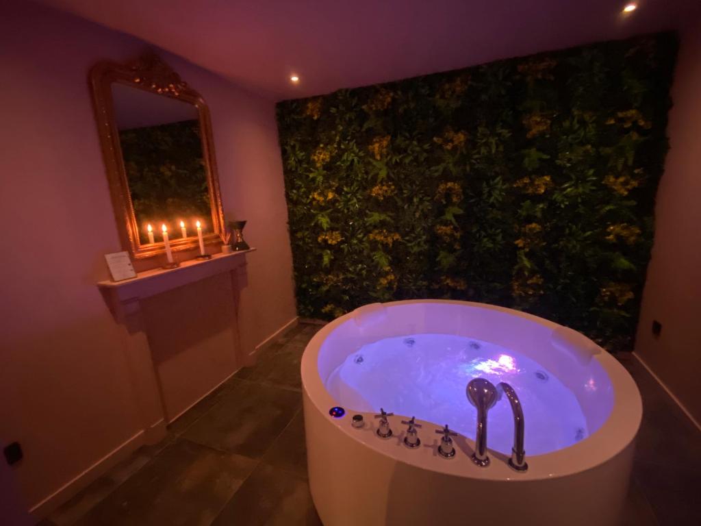 a bathroom with a bath tub with a flower wall at Le Nid des Cardamines in Sainte-Eusoye