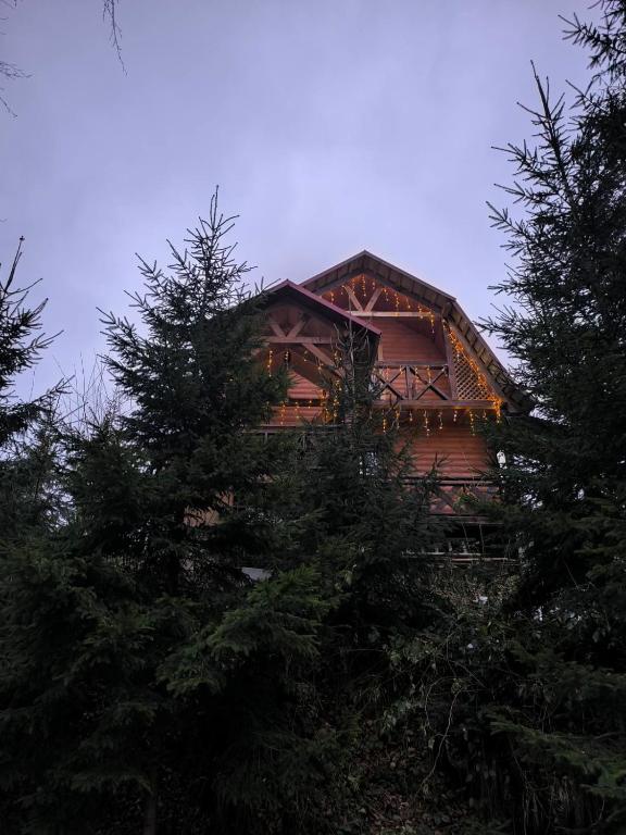 a log cabin with trees in front of it at Горянка in Guta