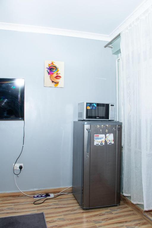 a small refrigerator with a microwave on top of it at Patrach Homes in Wote